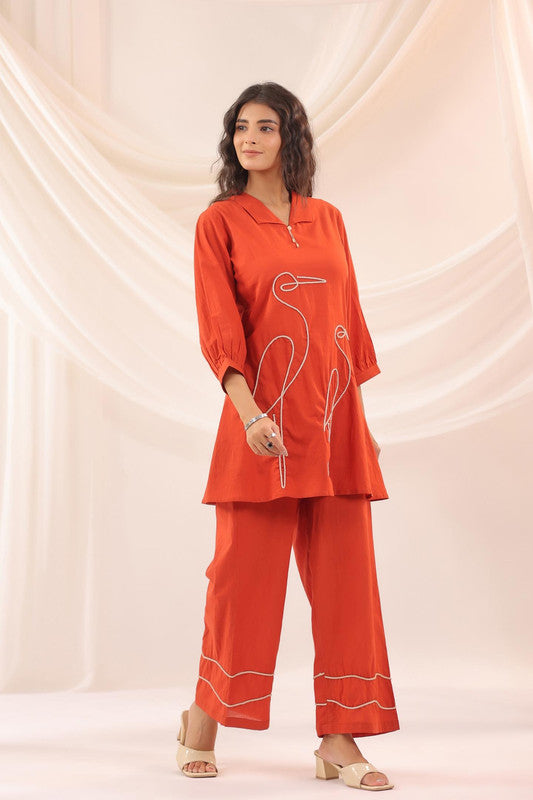 Rust Red Crane Embroidered Cotton Co-ord Set