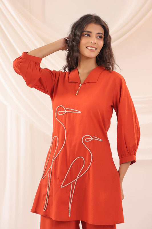 Rust Red Crane Embroidered Cotton Co-ord Set