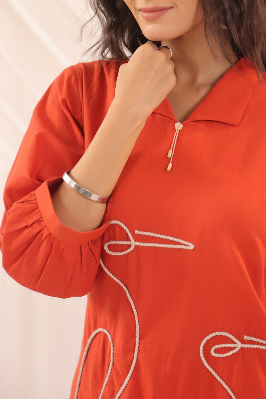 Rust Red Crane Embroidered Cotton Co-ord Set