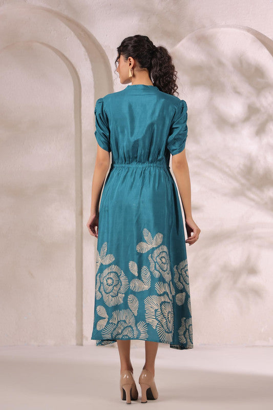 Teal Green Handcrafted Floral Printed Russian Silk Midi Dress