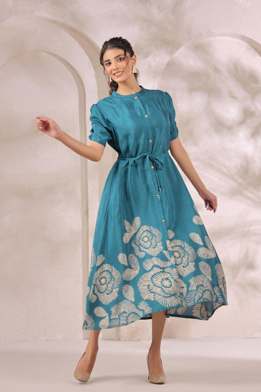 Teal Green Handcrafted Floral Printed Russian Silk Midi Dress