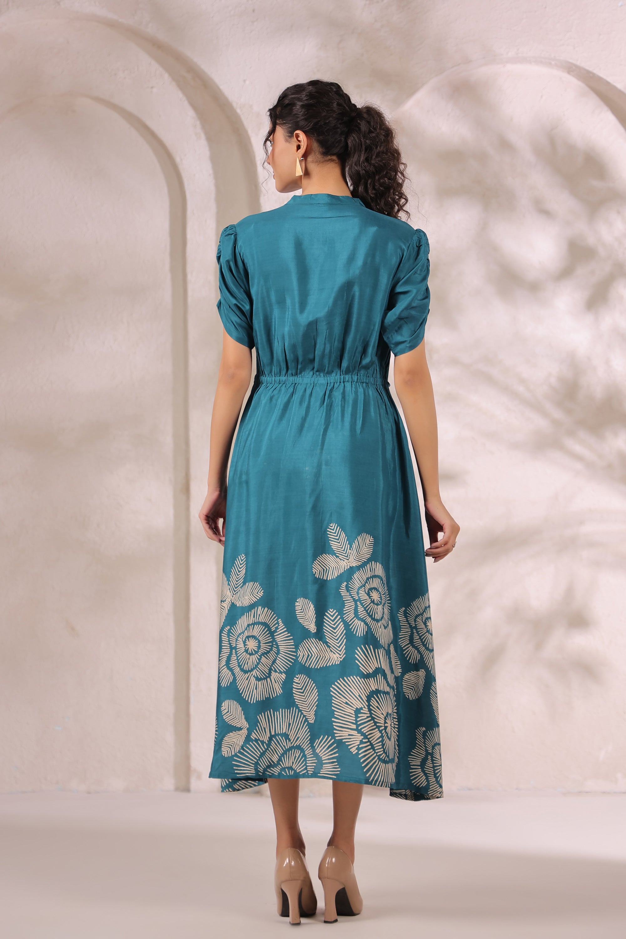 Teal Green Handcrafted Floral Russian Silk Midi Dress