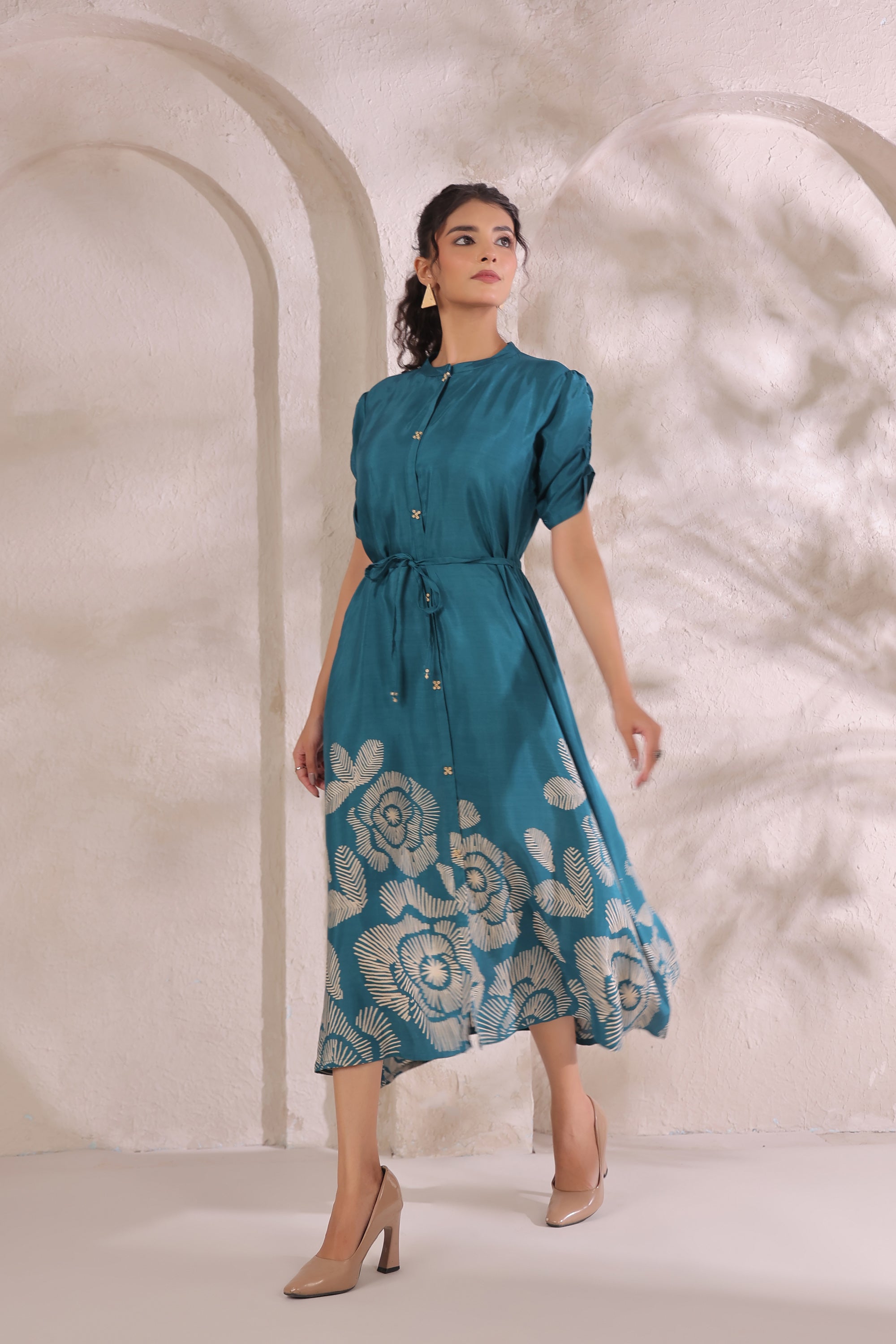 Teal Green Handcrafted Floral Russian Silk Midi Dress
