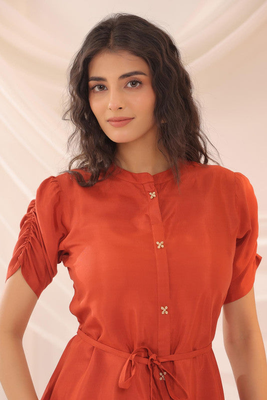 Orange Abstract Floral Russian Silk Midi Dress