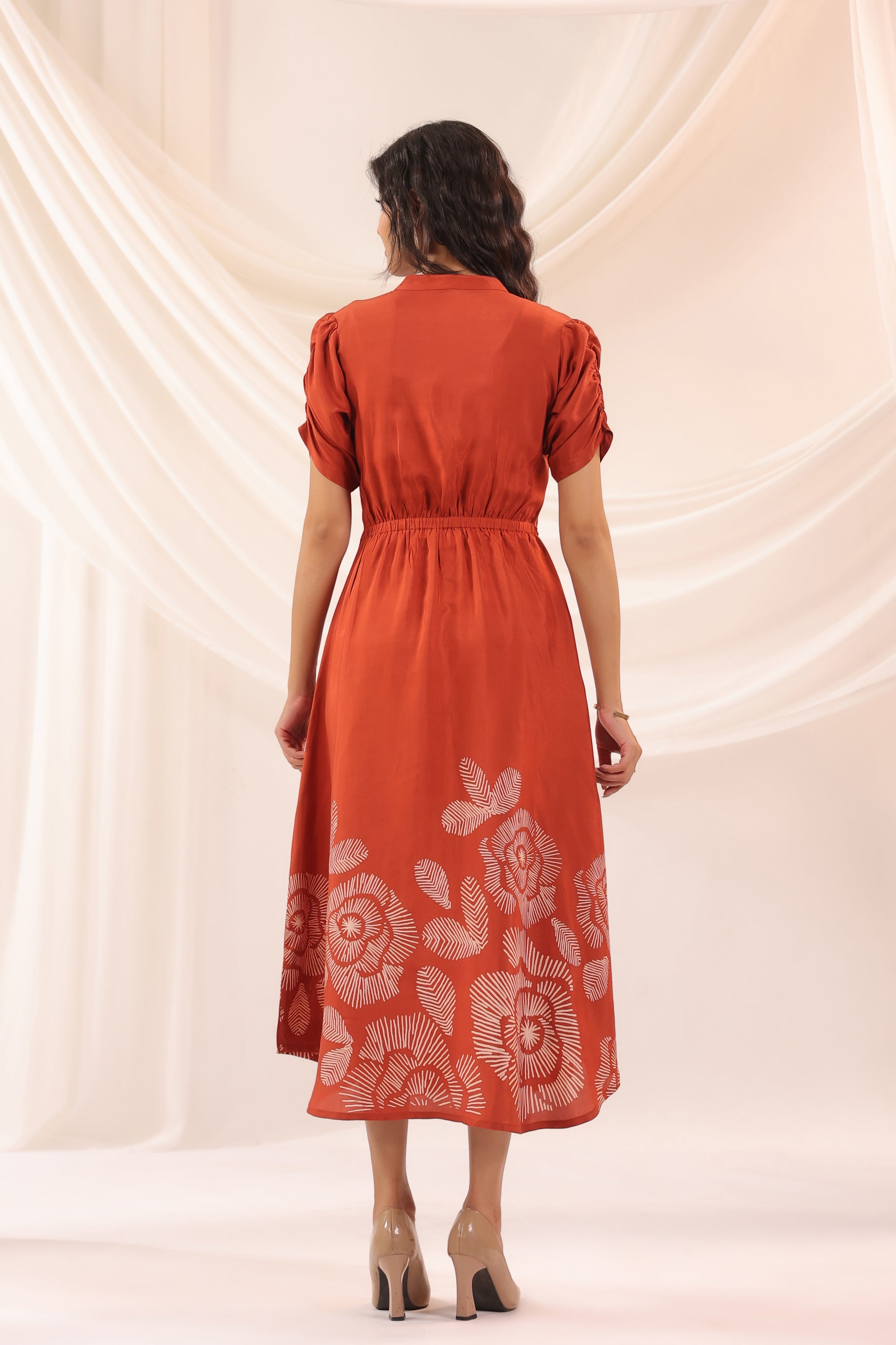 Rust Abstract Floral Russian Silk Midi Dress