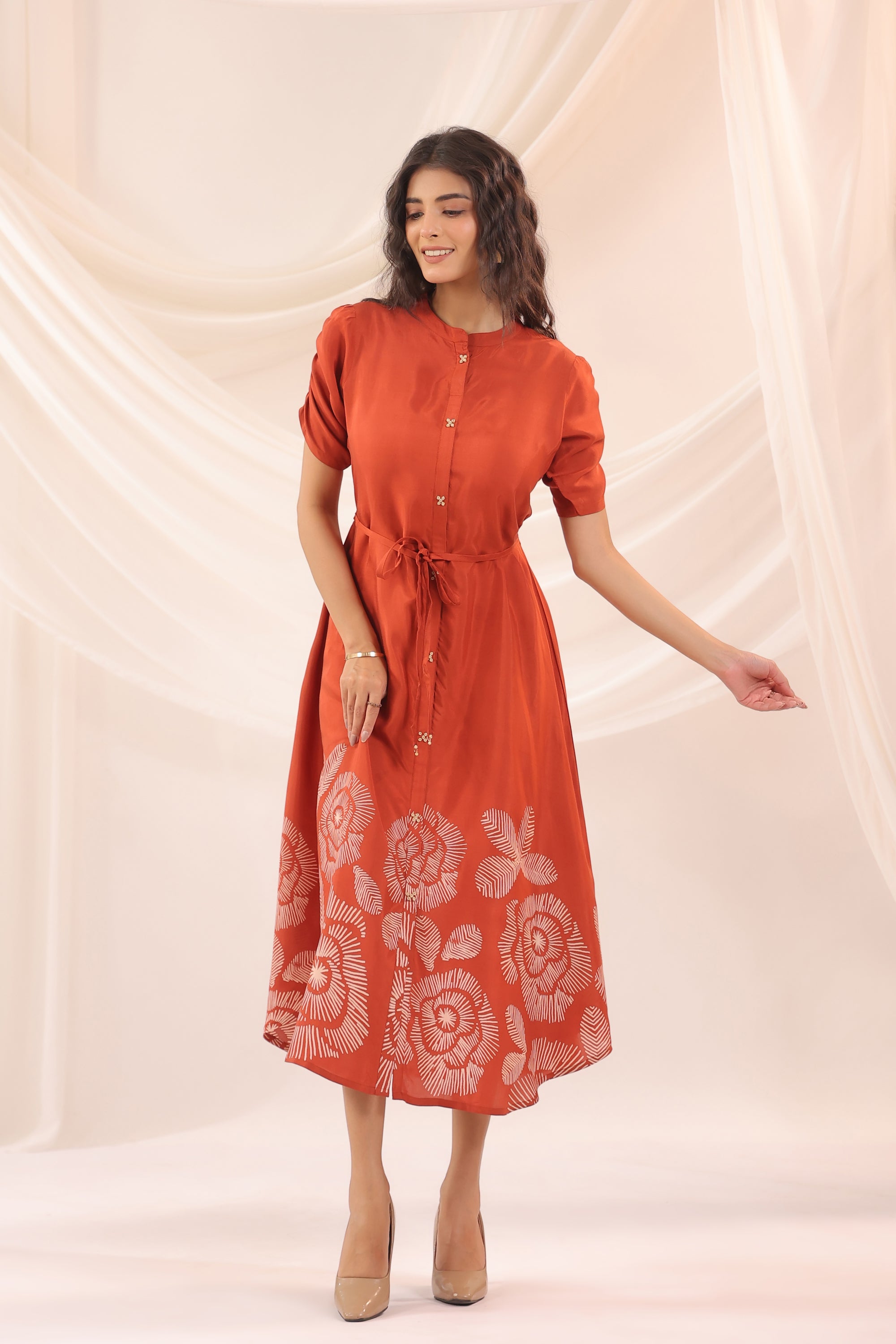 Rust Abstract Floral Russian Silk Midi Dress