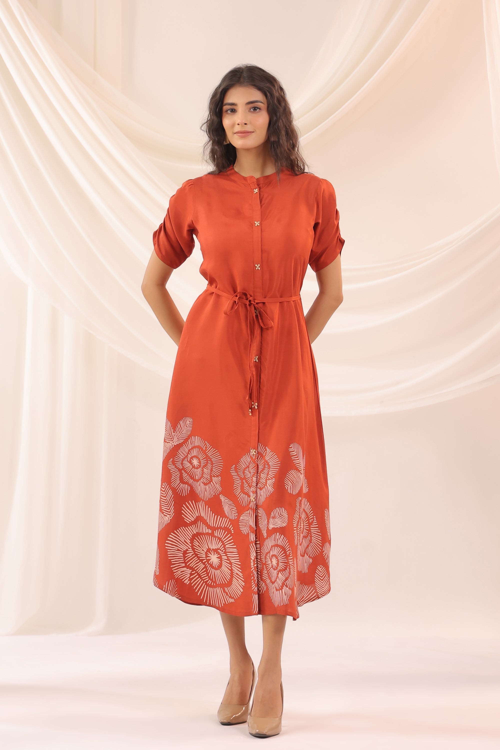 Rust Abstract Floral Russian Silk Midi Dress