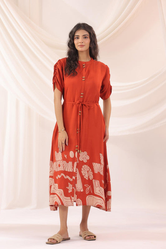 Rust Orange Artistic Printed Shirt Dress in Russian Silk