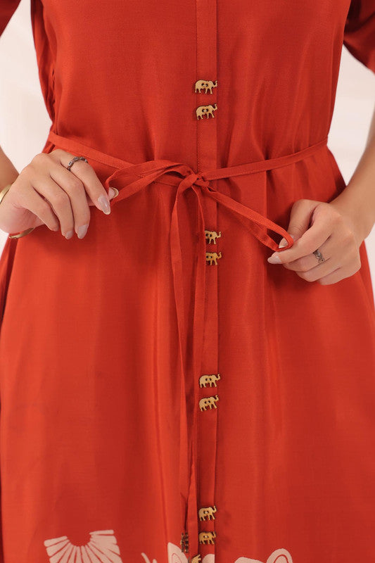 Rust Orange Artistic Printed Shirt Dress in Russian Silk