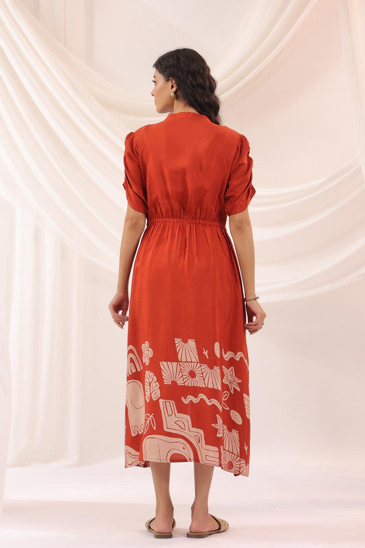 Rust Orange Artistic Printed Shirt Dress in Russian Silk