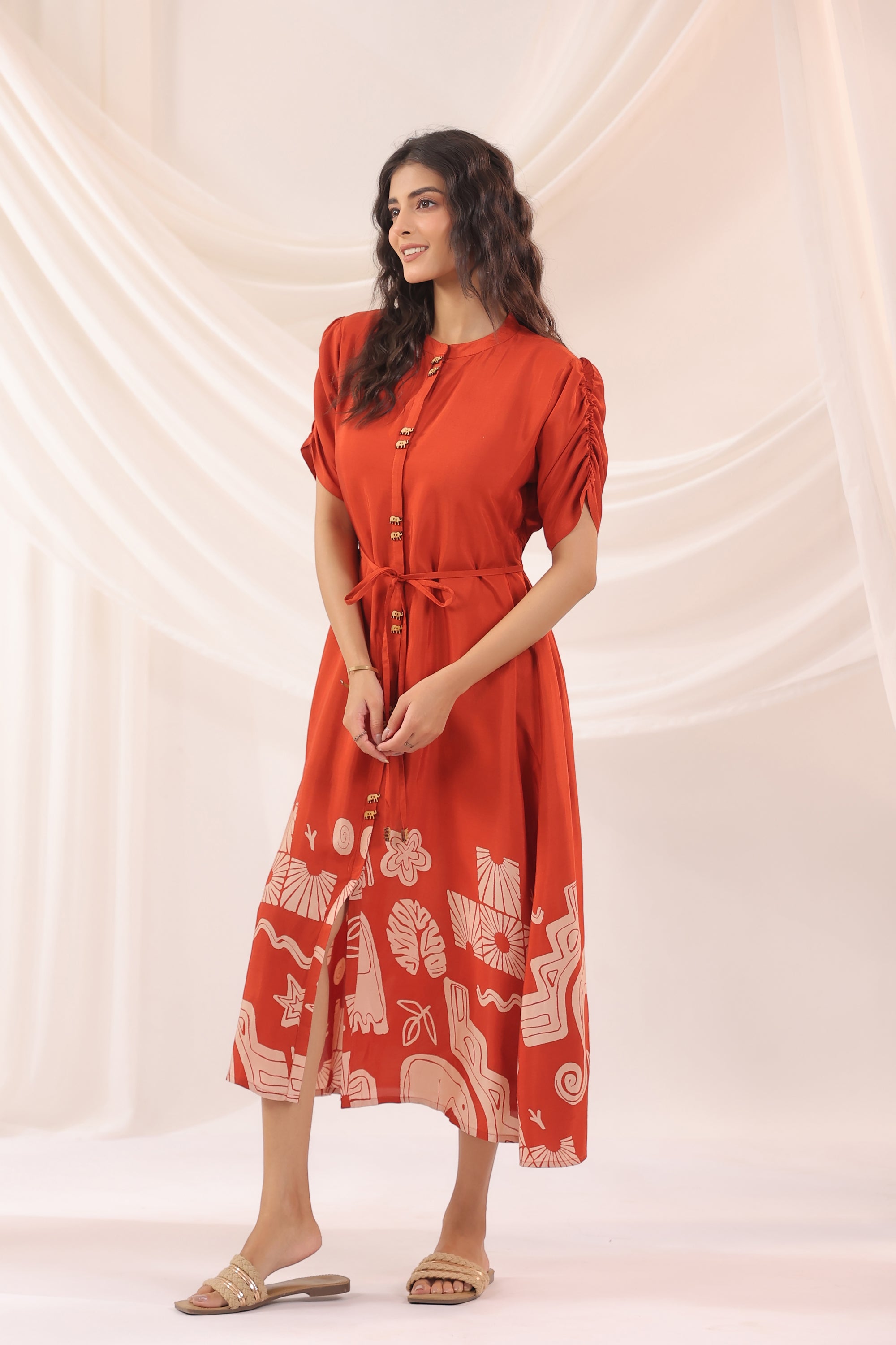 Rust Orange Artistic Printed Shirt Dress in Russian Silk