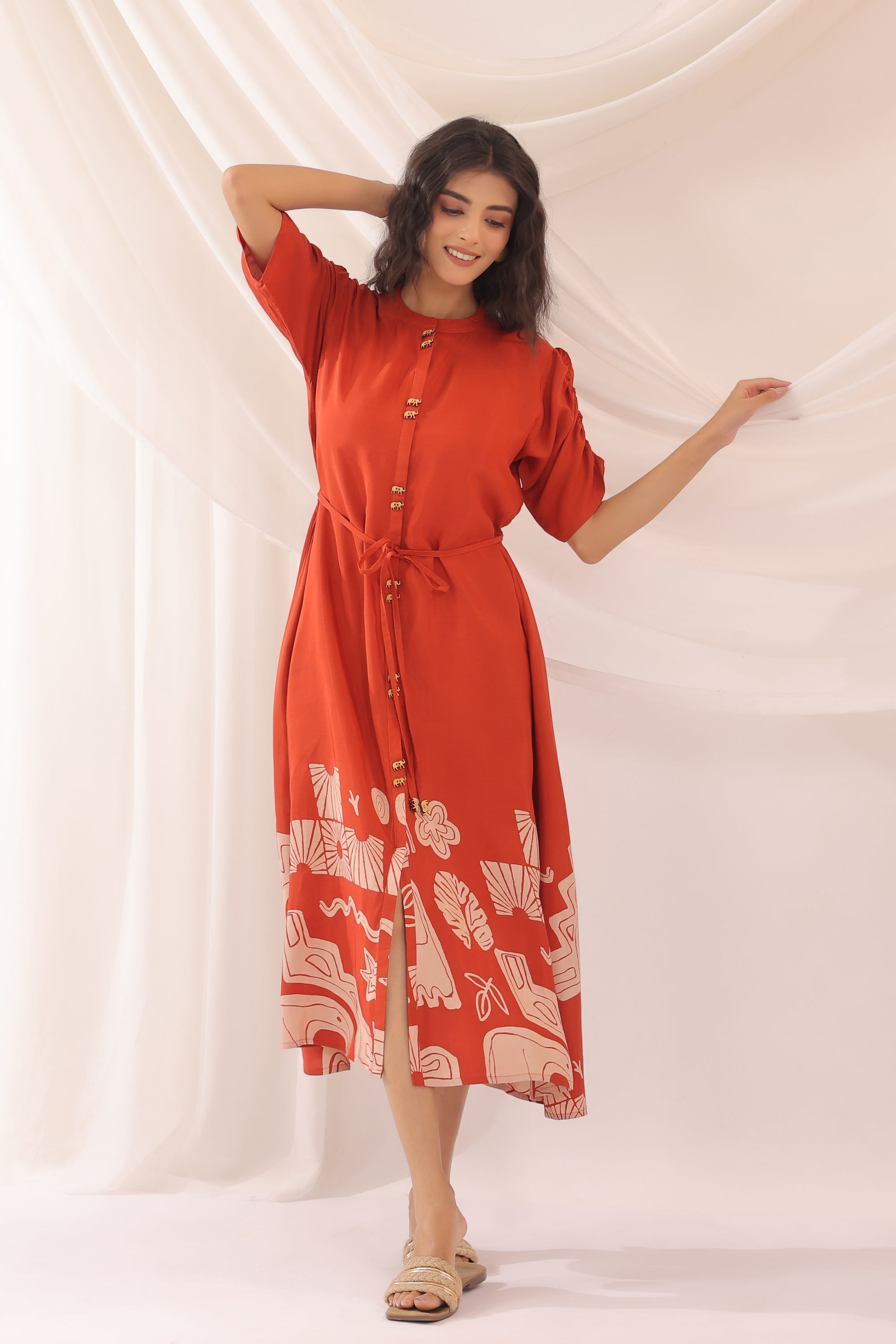 Rust Orange Artistic Printed Shirt Dress in Russian Silk