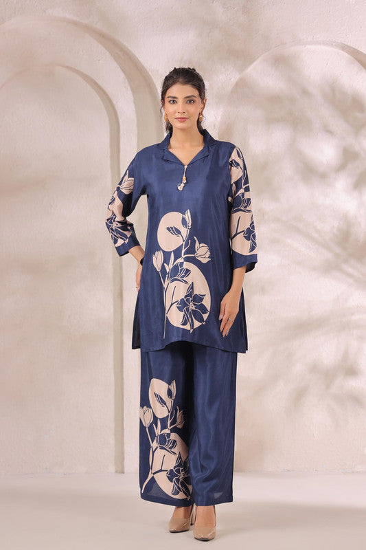 Midnight Bloom Floral Blue Printed Russian Silk Co-ord Set