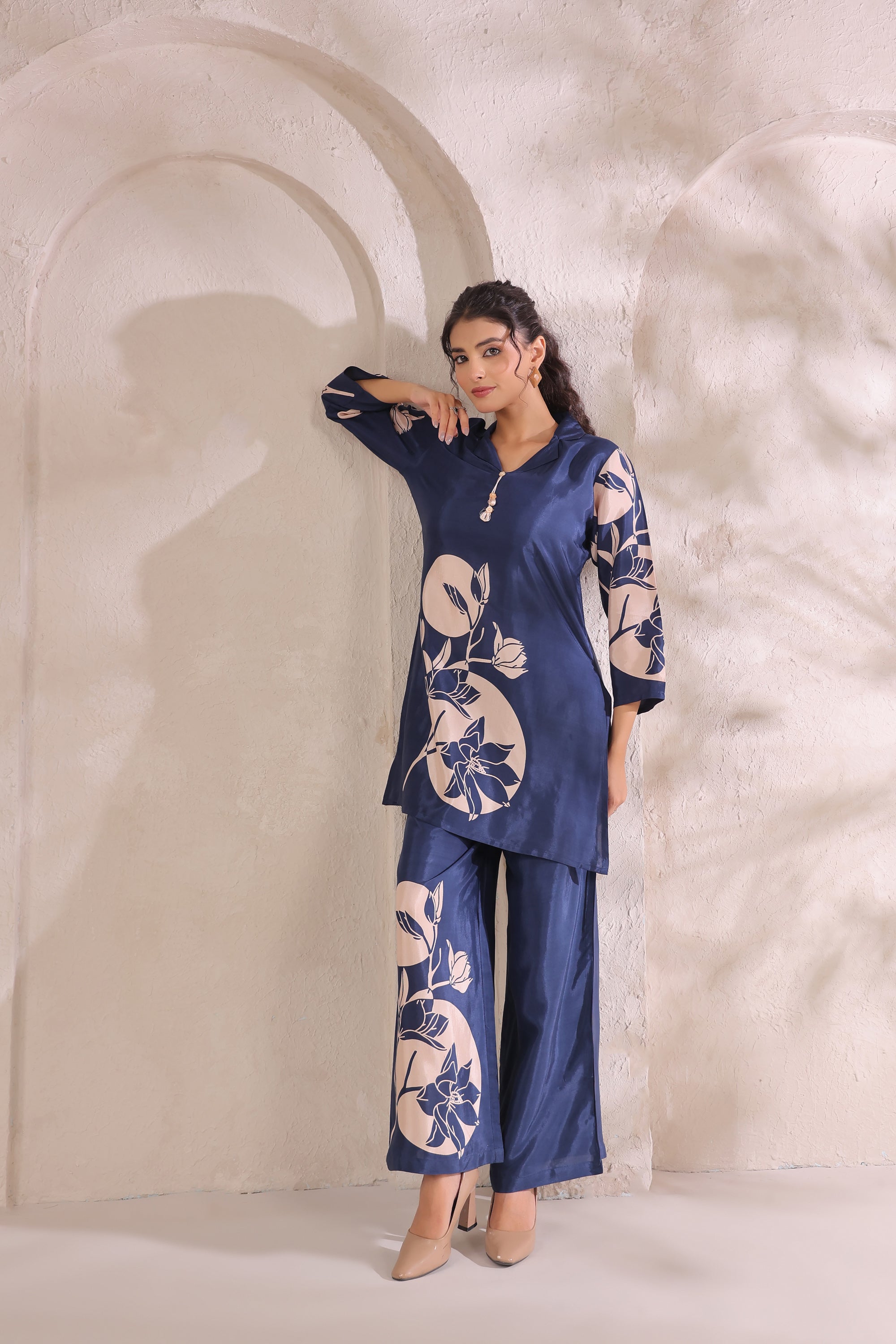 Midnight Bloom Floral Blue Printed Russian Silk Co-ord Set