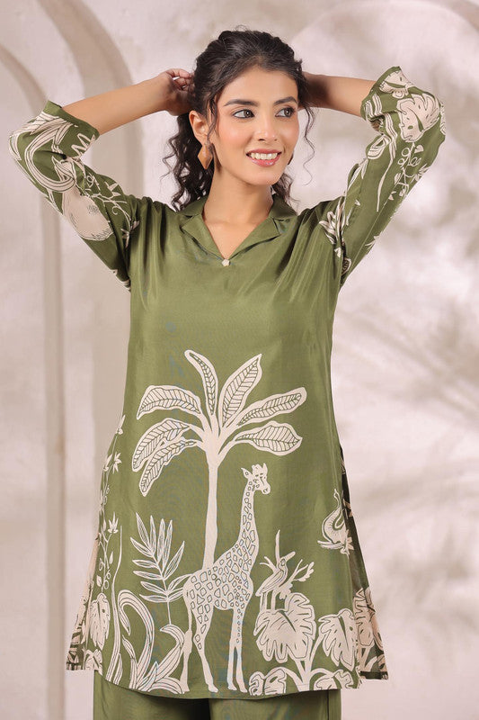 Tropical Jungle Olive Printed Russian Silk Co-ord Set