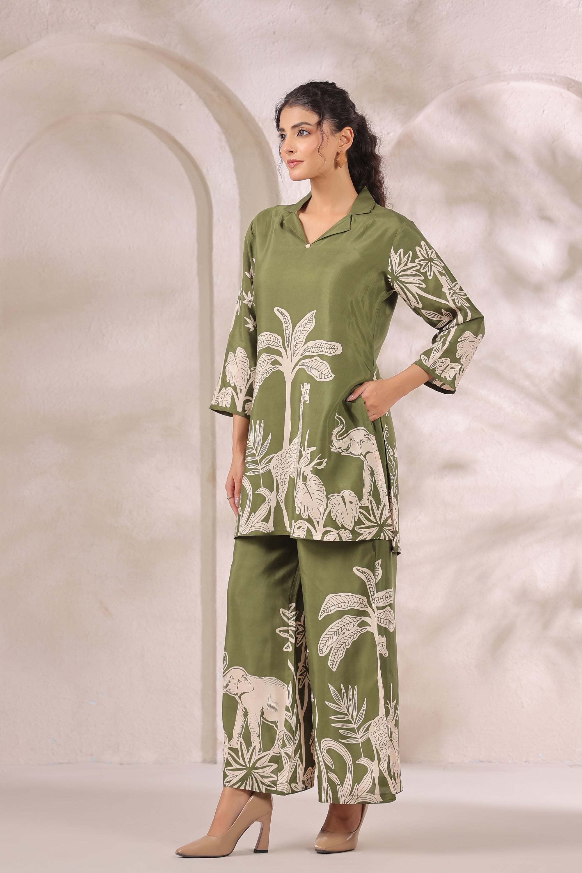 Tropical Jungle Olive Printed Russian Silk Co-ord Set