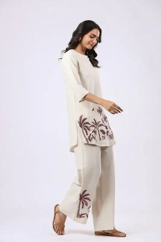 Tropical Oasis Embroidered White Cotton Flex Co-ord Set