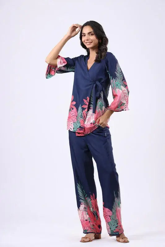 Navy Tropics Russian Silk Co-ord Set
