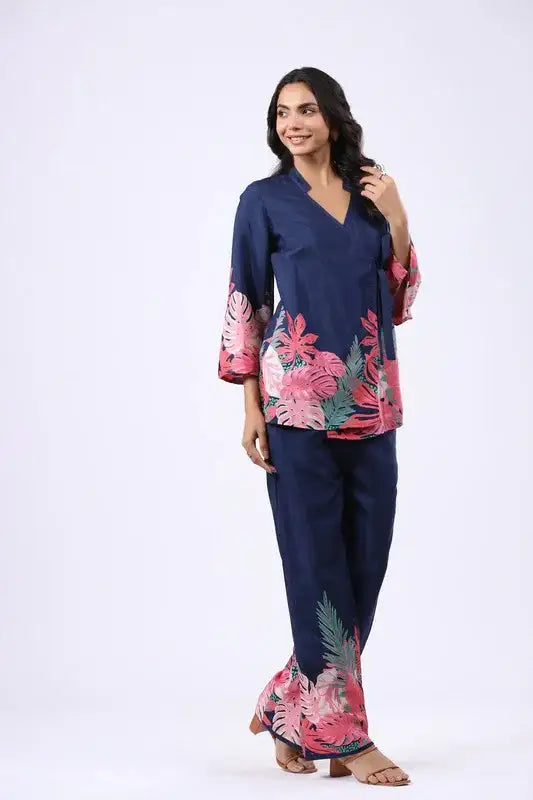 Navy Tropics Russian Silk Co-ord Set