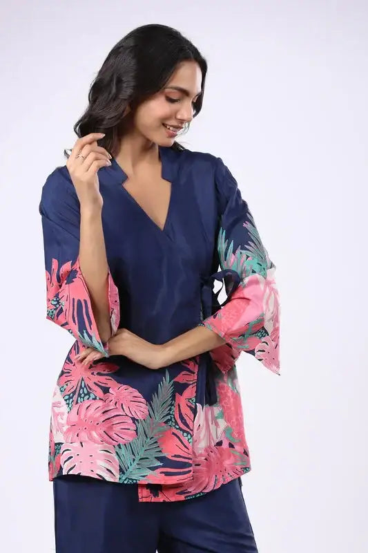 Navy Tropics Russian Silk Co-ord Set