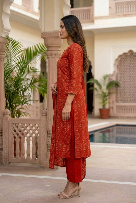 Red Zari Traditional Inspired Cotton Printed Kurta Set with Dupatta