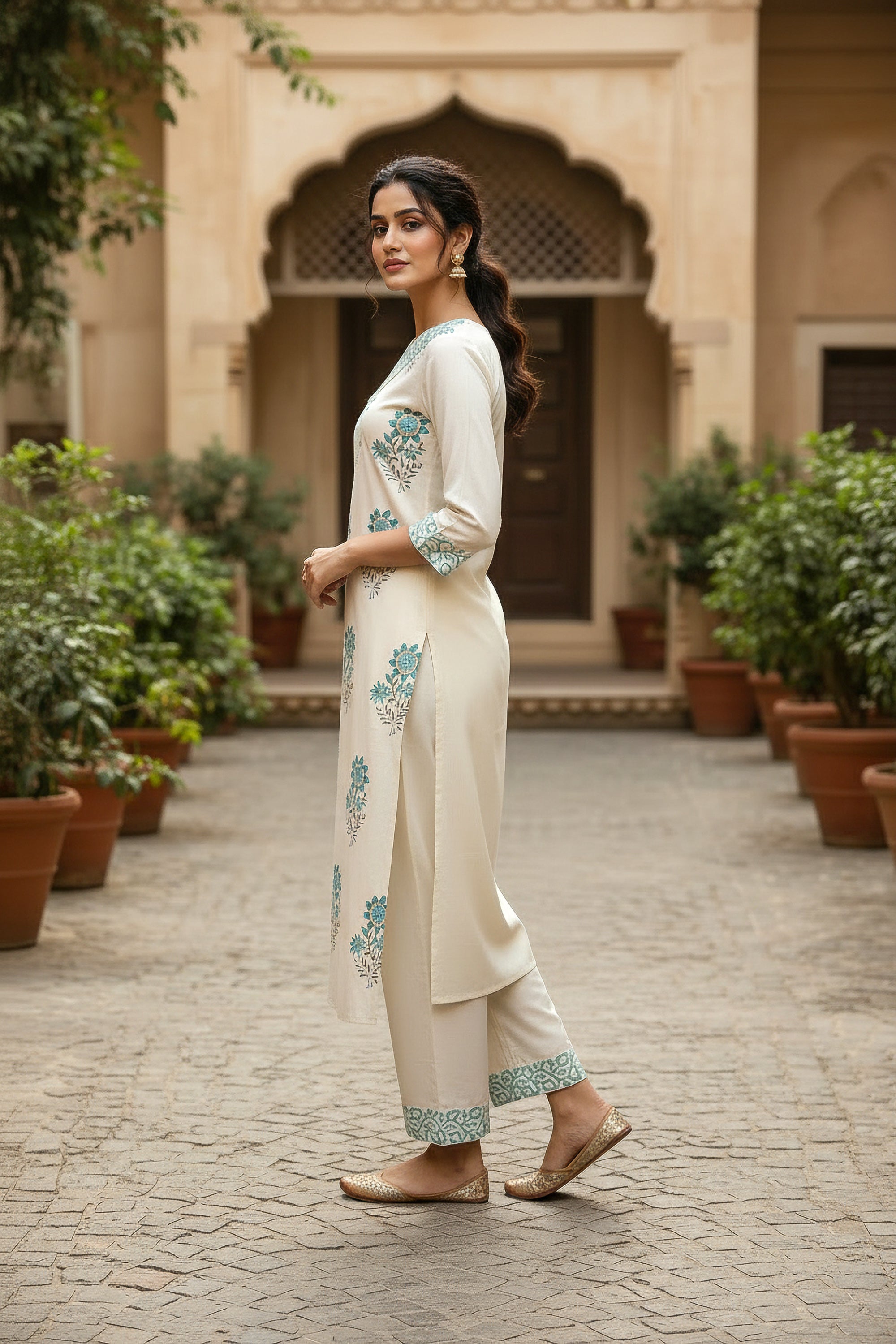 Cream & Aqua Floral Printed Straight Kurta with Palazzo Pants