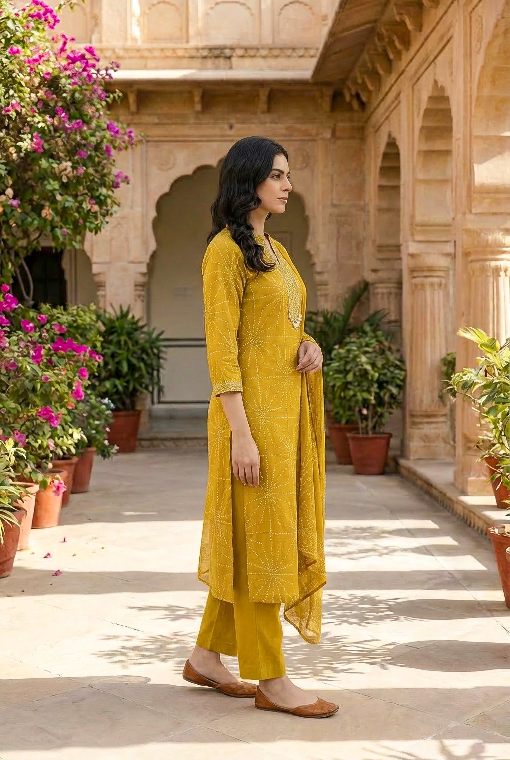 Elegant Mustard Bandhani Kurta Pant Set with Dupatta