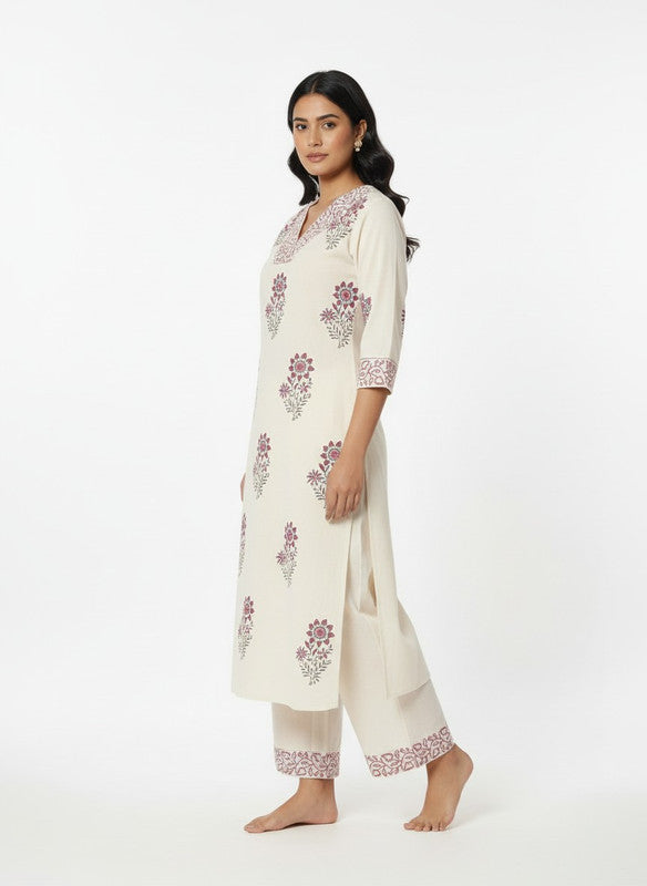 Ivory Floral Printed Ethnic Kurta Palazzo Set with Neck & Cuff Detailing