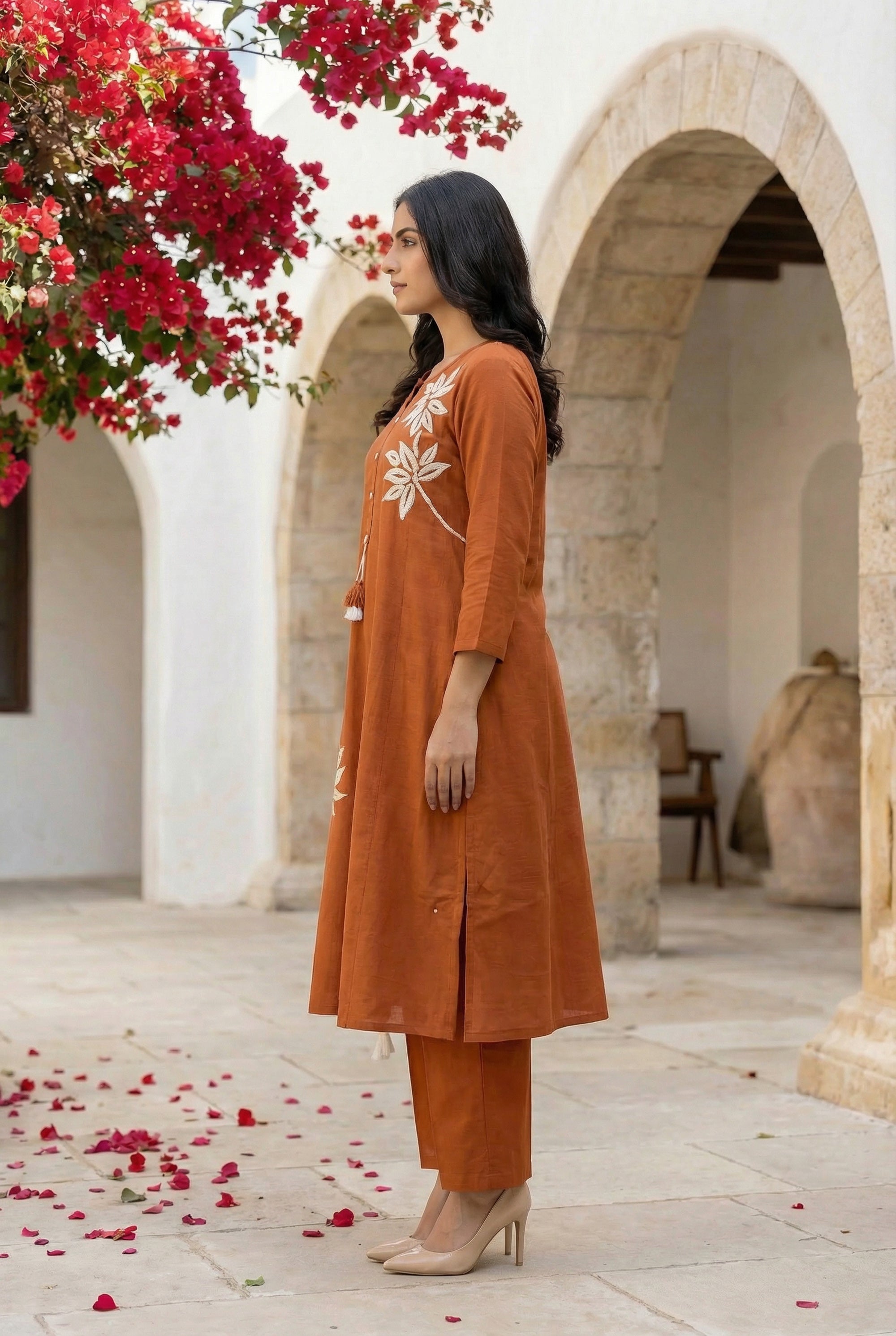 Rust Nature Leaf Embroidered Design Cotton Kurta Pant Set with Dupatta