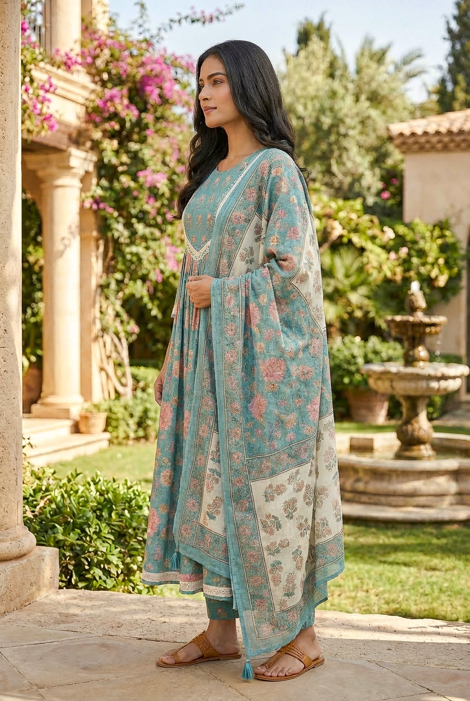 Elegant Teal Floral Anarkali Kurta Pant Set with Dupatta