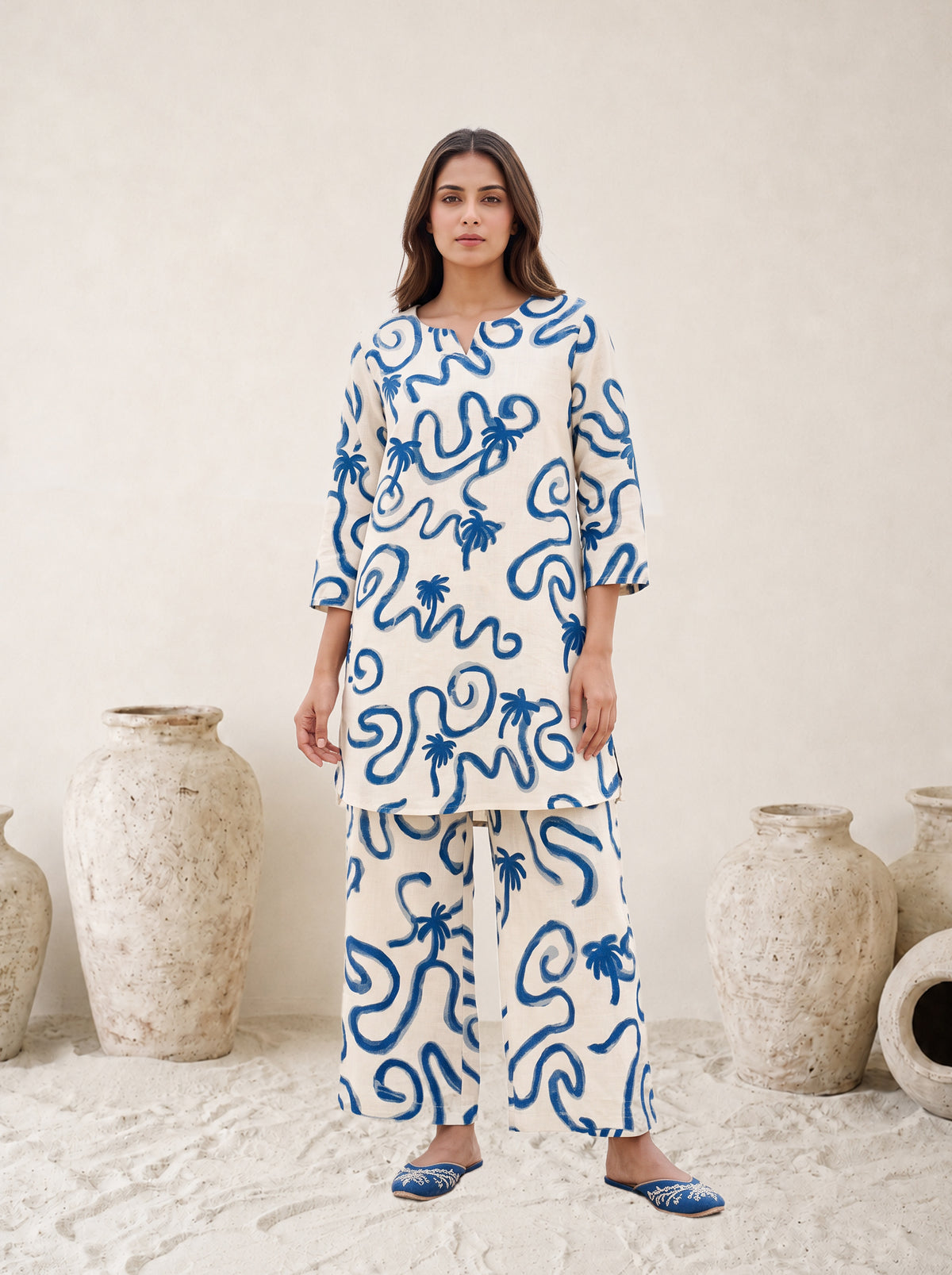 Off White Blue Wave Print Cotton Flex Co-ord Set