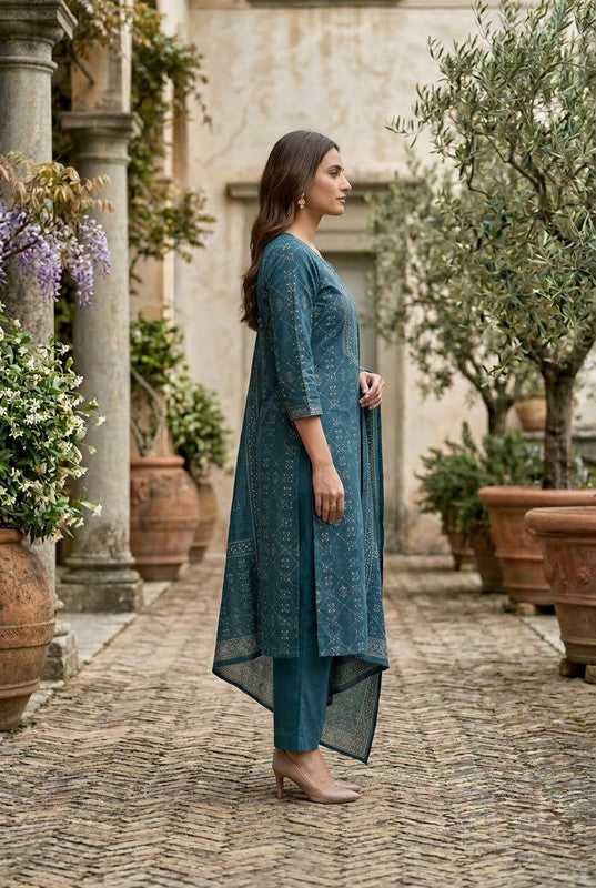 Teal Mughal Heritage Printed Cotton Kurta Set with Dupatta