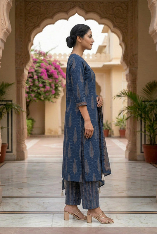 Blue Paisley Ajrakh Inspired Cotton Printed Kurta Set with Dupatta