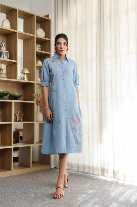 Sky Weave Embroidery Shirt Cotton Flex Dress