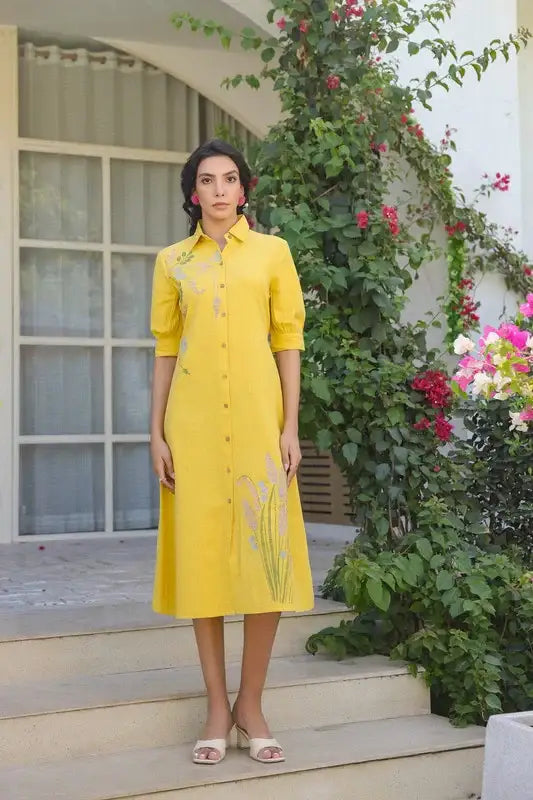 Sunlit Yellow Embroidery Shirt Cotton Flex Dress