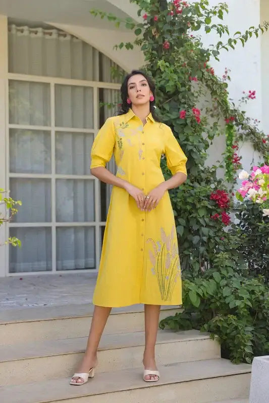 Sunlit Yellow Embroidery Shirt Cotton Flex Dress