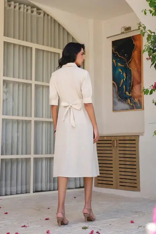 Beige Sand Shirt Dress with Embroidery
