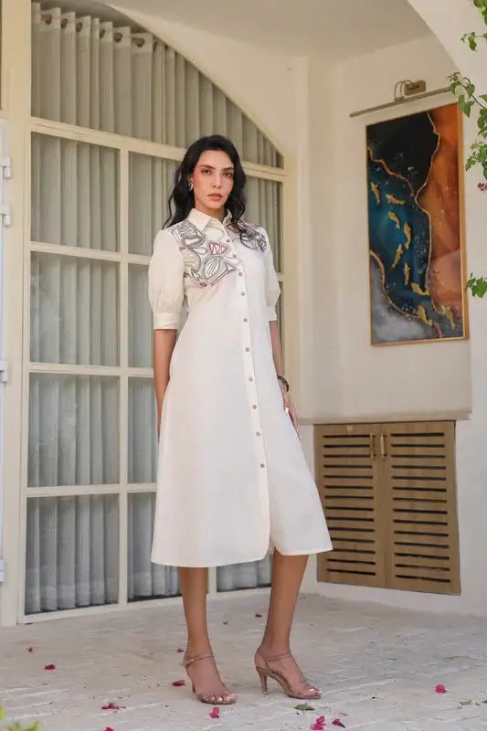 Beige Sand Shirt Dress with Embroidery
