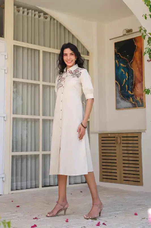 Beige Sand Shirt Dress with Embroidery