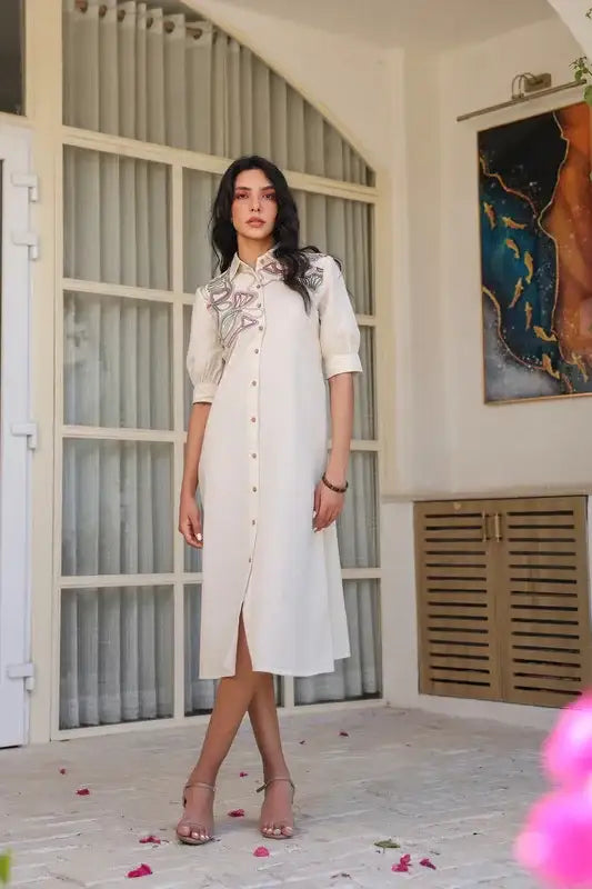 Beige Sand Shirt Dress with Embroidery