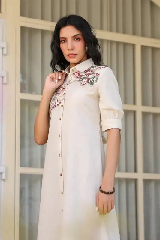 Beige Sand Shirt Dress with Embroidery
