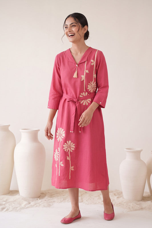Rose Pink Cotton Flex Floral Embroidered Dress