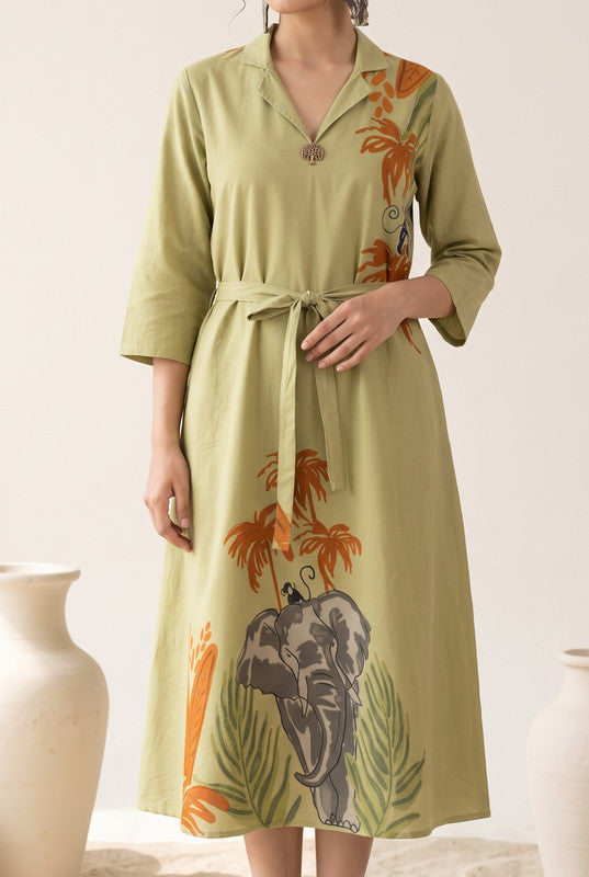 Olive Green Printed Cotton Flex Dress