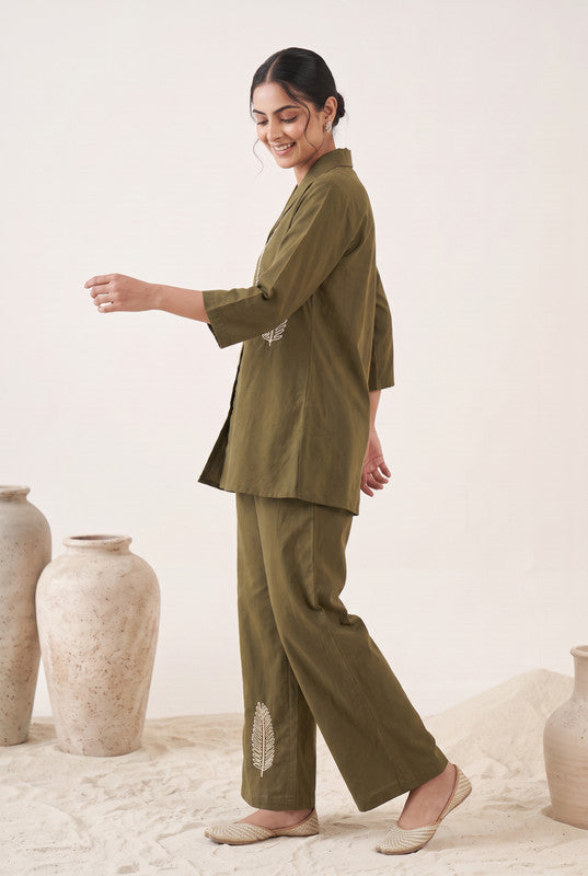 Olive Green Cotton Flex Leaf Embroidered Co-Ord Set