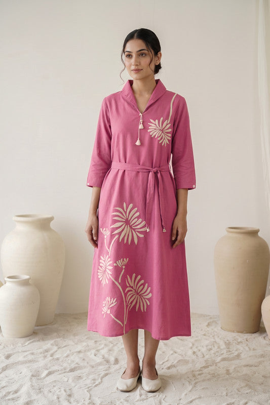 Rose Pink Cotton Flex Floral Embroidered A-Line Dress