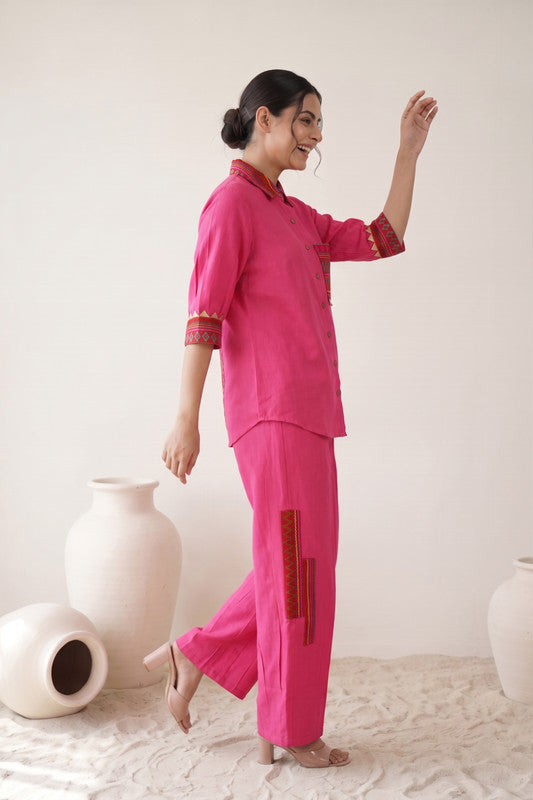 Solid Pink Cotton Flex Shirt Style Co-Ord Set