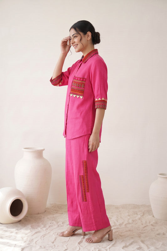 Solid Pink Cotton Flex Shirt Style Co-Ord Set