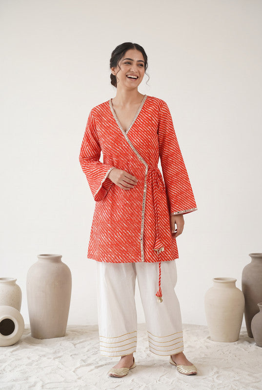 Red Printed Cotton Flex Wrap Style Top Set