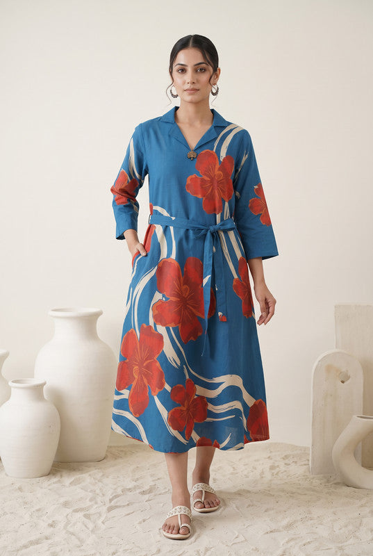Azure Blue Floral Printed Cotton Flex Dress
