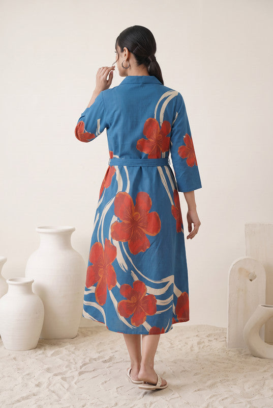 Azure Blue Floral Printed Cotton Flex Dress